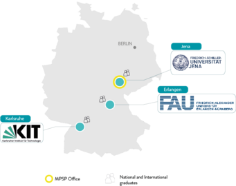 Deutschlandkarte, mit den Städten Jena, Erlangen und KArlsruhe hervogehoben. Die Logos der Friedrich-Schiller-Universität Jena (FSU), der Friedrich-Alexander-Universität Erlangen-Nürnberg (FAU) und des Karlsruher Institut für Technologie (KIT) sind ebenfalss zu sehen.