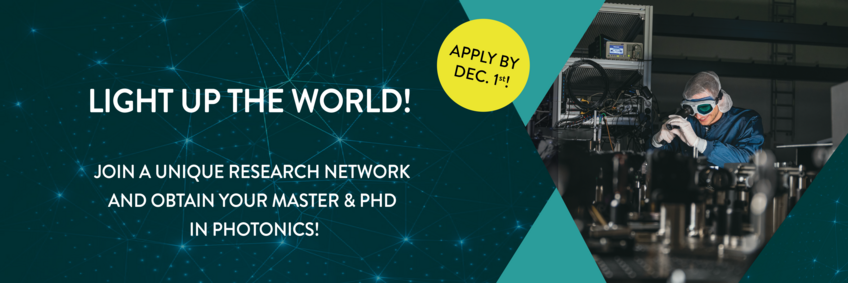 Advertising banner with text links “Light up the World” and Perosn on the right in the laboratory