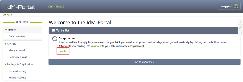 IdM-Portal Apply Button